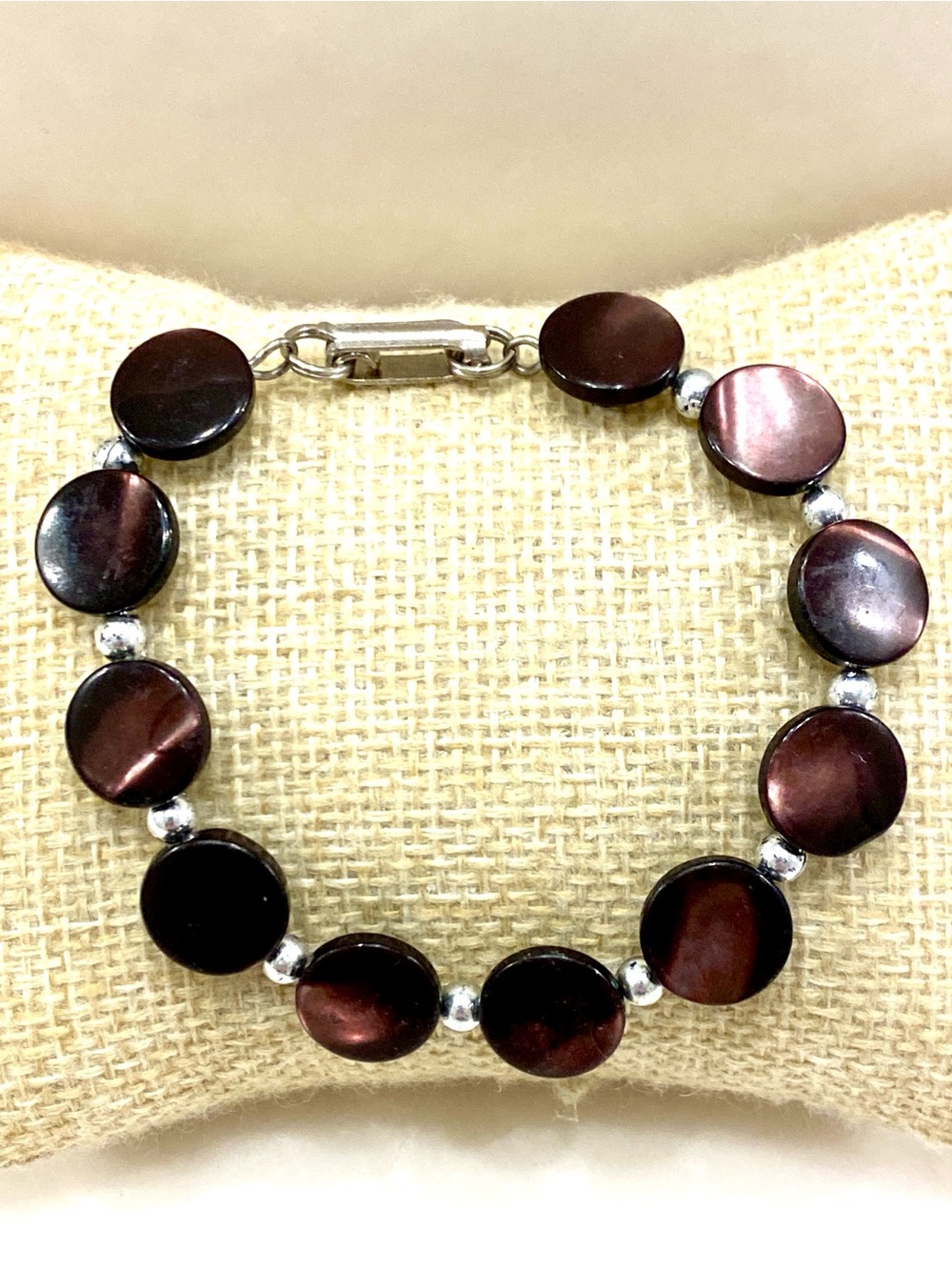 Women's Burgundy Shell Disk Bracelet with Silver Accents